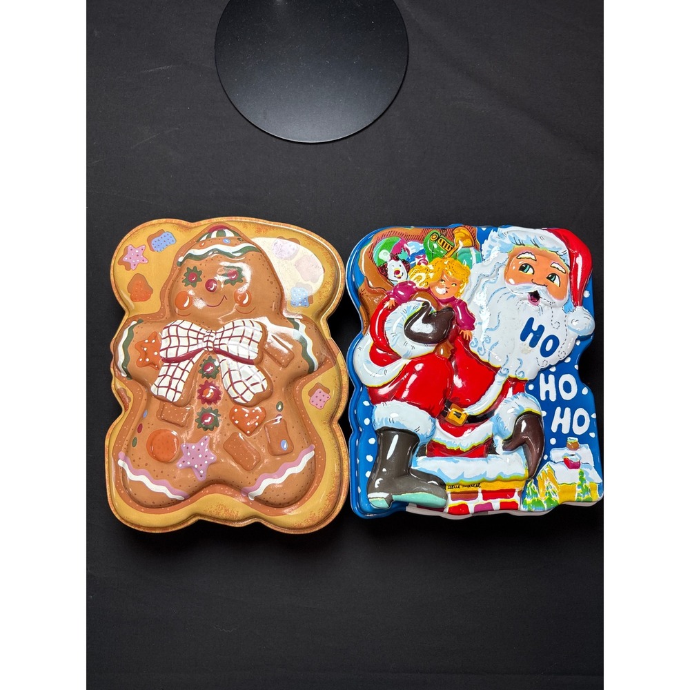 Vintage Ullman Co Christmas 3D Embossed Cookie Tins Santa Gingerbread Set of 2